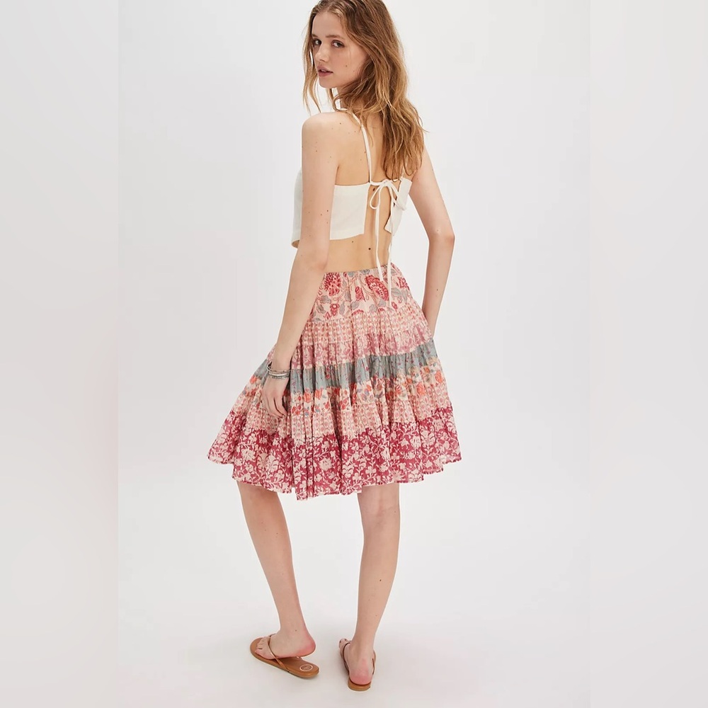 Free People Tiered Floral Midi Skirt in Red, Pink, Teal, Cream - Picture 2 of 9